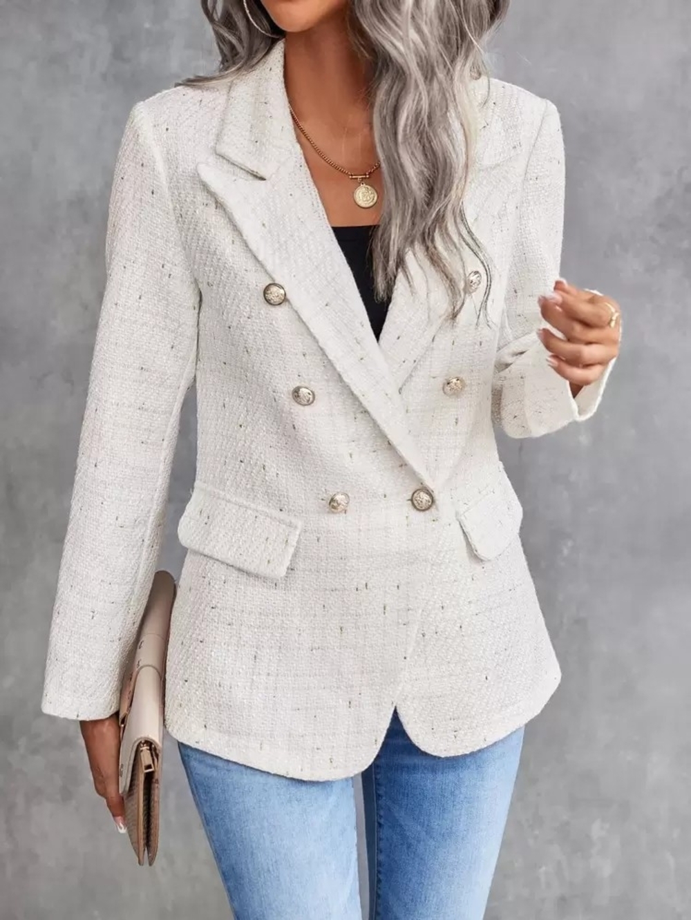 SHEIN Cream Double-Breasted Tweed Blazer with Gold Buttons